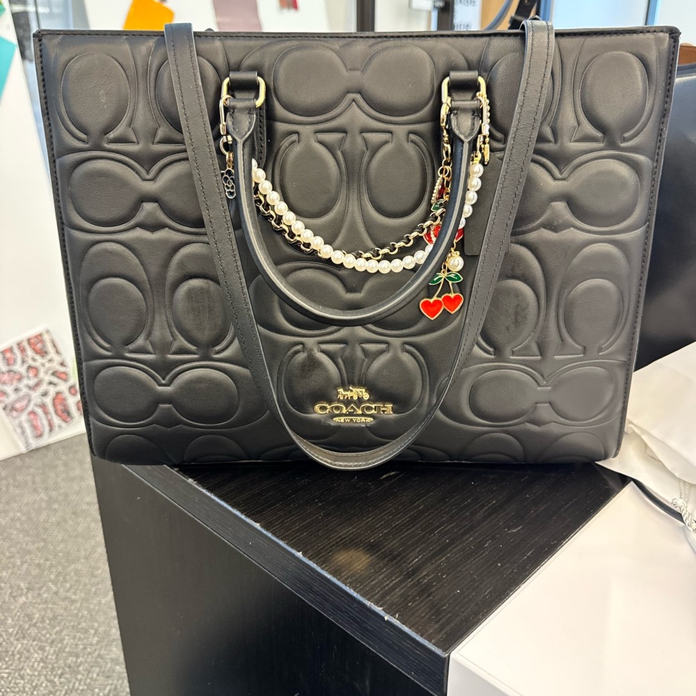 Coach black Embossed Tote with Charm
